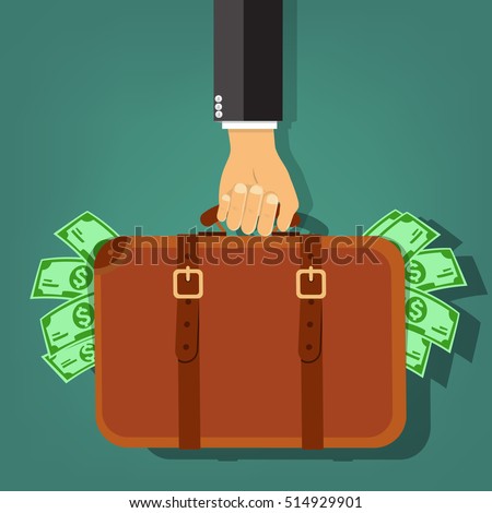 Businessman hand holding briefcase with money - vector illustration