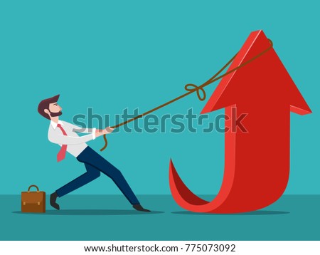 Business man pulling the graph up with a rope.Profit and success concept. Vector Illustration.