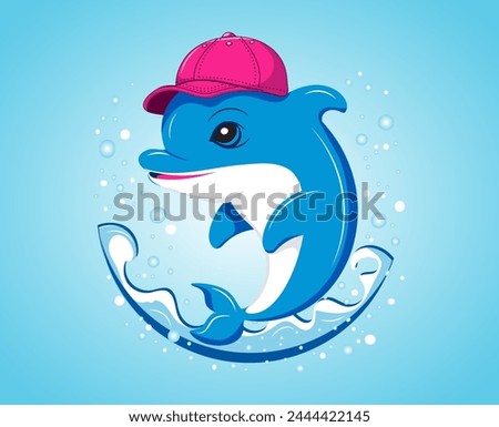 Cartoon cute blue dolphin in red baseball cap jumping out of the water with splashing and air bubbles. Playful design for logo, sticker, label. Vector image