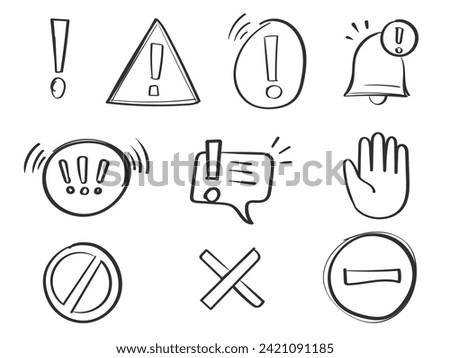 Alert, risk signhand drawn icon set. Caution, warning, exclamation mark