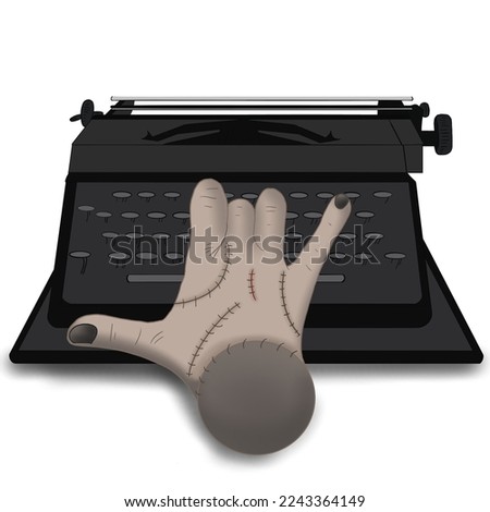 Thing The character of Wednesday Addams with Typewriter on white background.