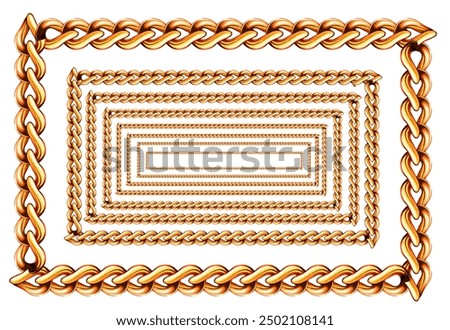 3D gold chain frame, Oval or round rectangle. Seamless luxury golden frame set, Golden chains of different shapes realistic. Expensive jewelry on a white background. metal gold jewelry for Realistic