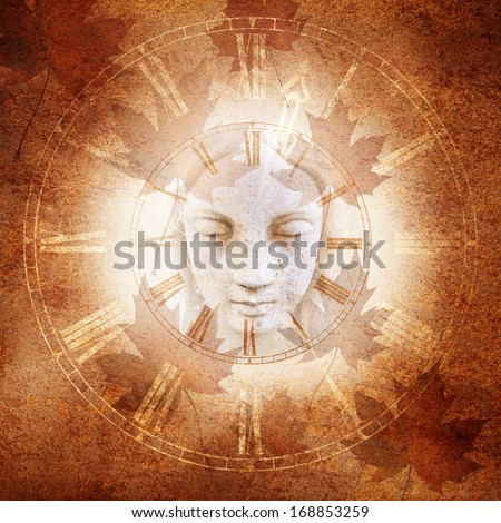 Autumn Season montage with female face centered in an antique clock dial surrounded by cascading autumn leaves against a sepia tone sandstone texture grunge background.