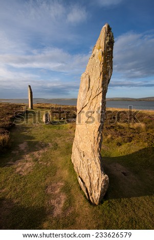 The Ring of Brodgar, Orkney, Scotland is a megalithic stone circle henge monument built during the Neolithic era and is the third largest in the British Isles.