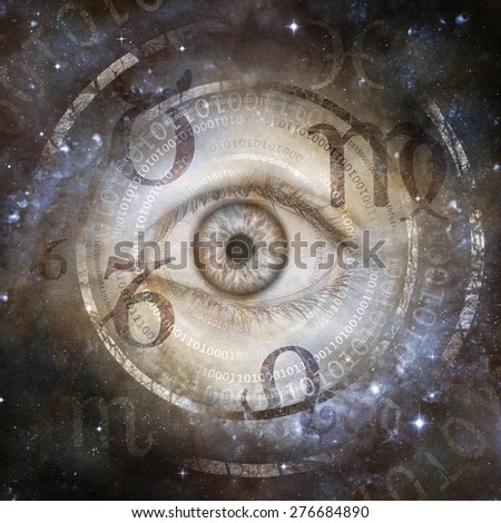 Science and Superstition montage with eye encircled by digital binary number sequences and zodiac star signs against a galactic background denoting conflict between scientific and superstitious belief