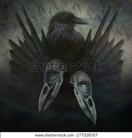 Crow Spirit design with head, skulls, black wings and bird flock in flight emerging from a dark, sinister atmospheric background.