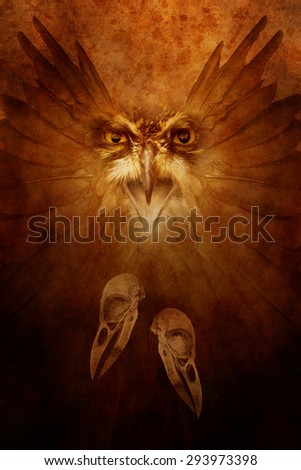 Raptor Spirit with the head of a screaming raptor bird materialising in front of a wing span background above two bird skulls.