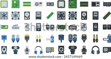Computer hardware and component icon set, flat and filled line style. Contains such icon as motherboard, ram, cpu, mouse, keyboard and more.