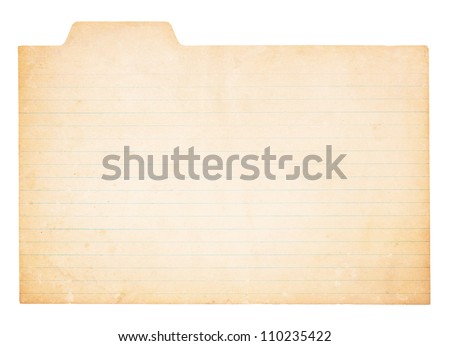 An old, yellowing card with tab. Card is stained and worn in places.  Isolated on white with clipping path. Stockfoto © 