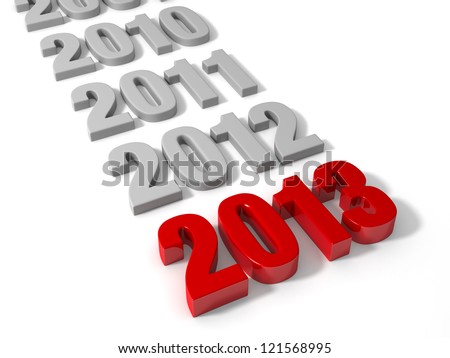 2013 in shiny Red Letters followed by the years recently past in muted gray. Isolated on white.