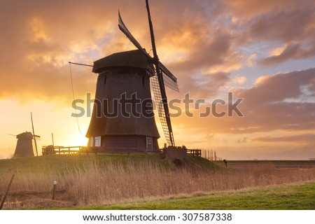 Traditional Dutch windmills at sunrise near Schermerhorn in The Netherlands.