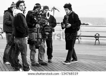 New York-NOV 20:Film crew on location at the Coney Island boardwalk on Nov 20, 2010 in NYC.The Mayor\'s Office of Film, Theater & Broadcasting approves 20 projects a week to film at the popular site.