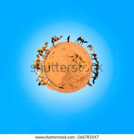 Camel caravan in the Sahara desert against a bright blue sky. 360 degree panorama tiny planet. Unique view of a camel safari.