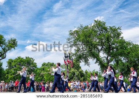 WASHINGTON DC-May 25, 2015: Memorial Day Parade. The Secaucus High School marching band from New Jersey is one of many school bands participating in the parade today.