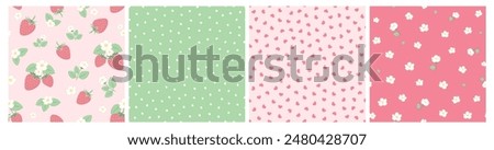 Vector illustration. Seamless patterns in pink tones, strawberries, flowers, dots, hearts. Fruits, summer, vacation, fabric design, wrapping paper