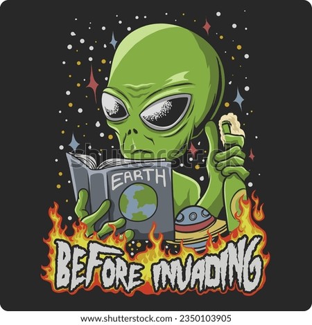 vector illustration design of aliens reading a book about earth before attacking earth