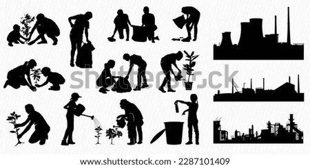 A set of silhouettes inspired by Earth Day and Environment Day, with people watering plants, planting trees, collecting rubbish for recycling, and large corporations that contribute to air pollution.
