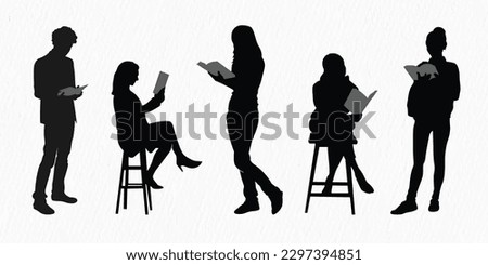 Silhouettes of people reading books standing, sitting and lying vector illustration