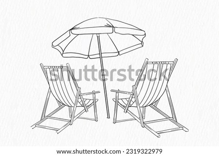 One line drawing of Beach umbrella and chair with summer vibe 