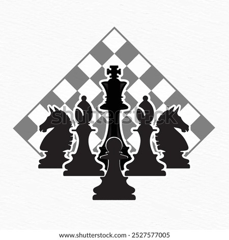 Silhouettes of chess pieces arranged in front of a checkered board. Perfect for visuals representing chess, strategy, and competition themes