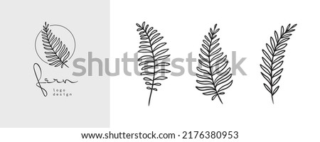 Organic fern illustration and badges logo template. Set of Minimalist stamp labels for tag with isolated fern leaves. Collection of hand drawn natural sign for simple rustic design.  