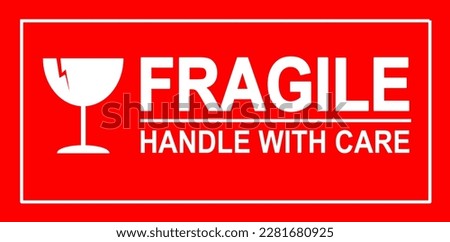 sticker fragile handle with care, red fragile warning label, fragile label with broken glass symbol, vector