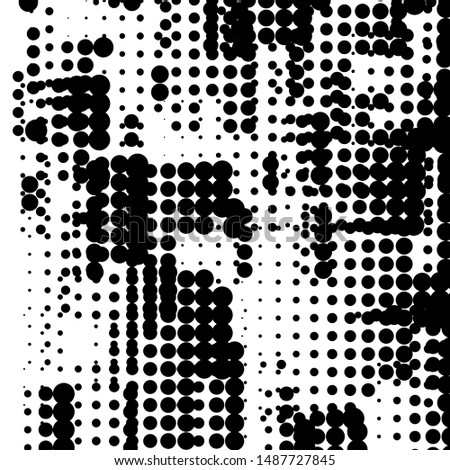 Random halftone. Pointillism style. Background with irregular, chaotic dots, points, circle. Abstract monochrome pattern. Black and white color. Vector illustration