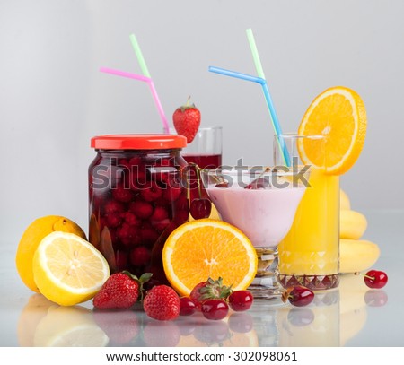 Fresh fruit, freshly squeezed fruit juice, and fruit yogurt