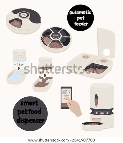 Automatic feeder for pets. Smart food dispenser for cats and dogs. Electronic pet food dispenser. Vector illustration.