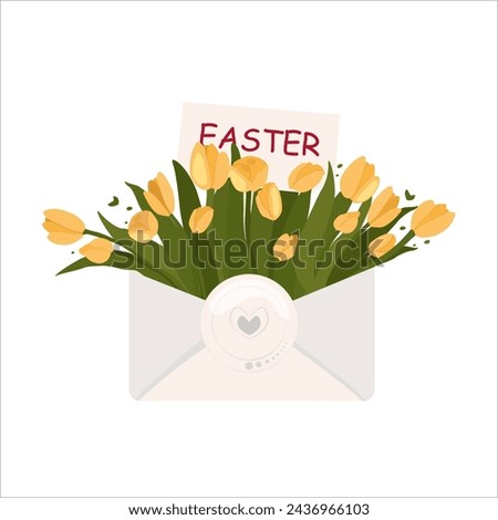 Festive Easter envelope with a postcard inside. The inscription Easter. Postcard filled with tulips Christ is Risen. Vertical poster, Easter card, Happy Easter banner.