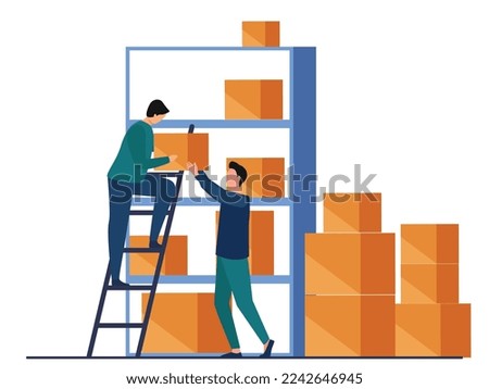 Man putting boxes on shelves of rack. Person lowering object and transferring object to another warehouse worker. Lowering boxes using ladder in warehouse and handover boxes with manual handling ways.