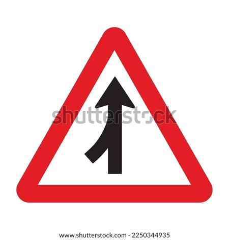 Merging traffic sign in a red triangle with black sign and traffic sign. UK and USA road sign with white background. Common traffic signs and symbol in the road in rounded triangle of black and white.