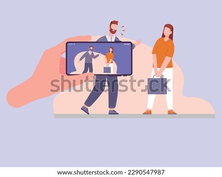 Bullying at workplace evidence and video footage of bullying and harassment at office work shooting video on mobile. CCTV, smartphone for video surveillance. Hand holding phone with rooms on screen.