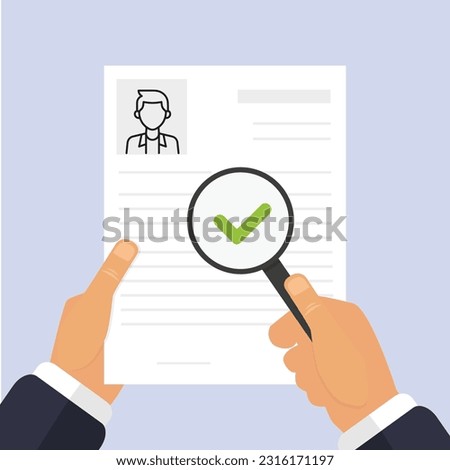 Background check of employee Verification of documents illustration of a magnifying glass in hand and checking resume and CV of employee and a documentary of person. Verifying documents and background