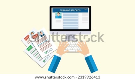 Check profiles and training records of employees for interview and checking CV for hiring employee online form fill-up and person using computer online profile record. Criminal Record List of Trainee