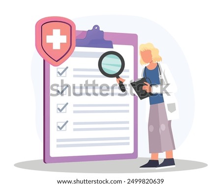 Care plan of medical test report for finding report disease problems with magnifying glass, doctor searching in document of care plan strategy for patient and doctor with healthcare professionals