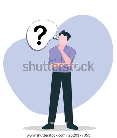 Why is this and What is it Thinking Person with Confused man standing in What Sign and Why, What, Question sign mark Confusion to taking decision and a person thinking with hand in mouth by confusion