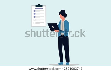 Checking project using laptop standing female manager project check with document and checklist of task list checking done list of monthly target and yearly milestone daily tasks checking in laptop