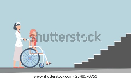 Disable person in wheel chair with injured leg for mobility problem of disabled people climb stairs for going up stairs with a nurse handling wheelchair support for disabled individuals.