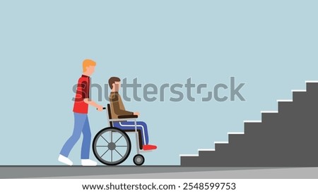 Disable person in wheel chair with disablity awareness and disabled person climb stairs for mobility problem climbing stairs with a person driving wheelchair. Injured can overcoming physical barriers.