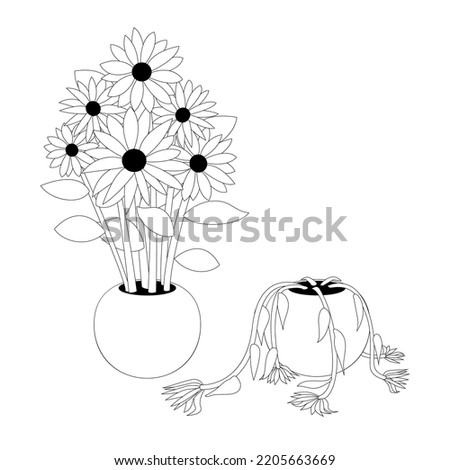 pot of sunflowers, pot of wilted sunflowers, black and white illustration, line, isolated