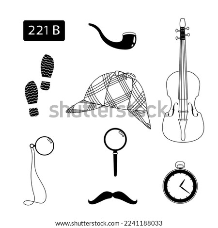 Detective Sherlock Holmes set illustration, line art, black and white, hat, silhouette,  magnifying glass, monocle, violin, traces, timer, clock, cradle, moustache, 221 B