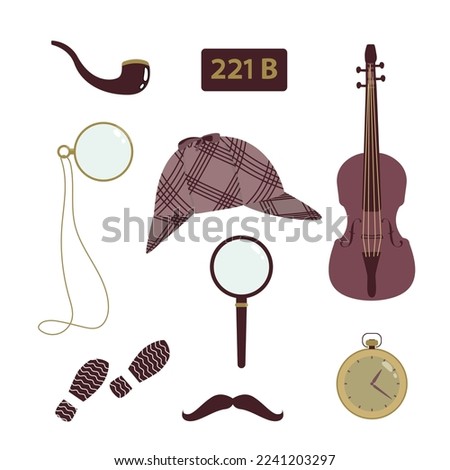Detective Sherlock Holmes set illustration, hat, silhouette,  magnifying glass, monocle, violin, traces, timer, clock, cradle, moustache, 221 B
