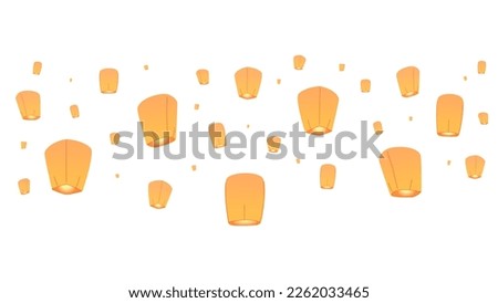 Sky lanterns isolated on white background paper flying lantern lights with flame floating lamps diwali festival. Chinese New Year, loy Krathong Day vector illustration.