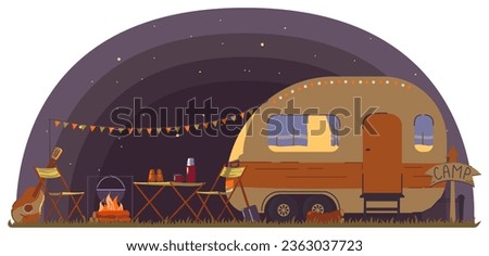 Summer camp at night time. Rv caravan stand at campfire with pot, log, cauldron, garland, mug, chairs, guitar. Summertime camping, traveling, trip, hiking activities, Cartoon vector illustration