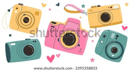 Set of vintage camera device in a cute flat style, isolated on the white background