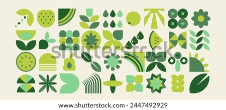 Set of bauhaus natural geometric shapes, pattern in tiles, decorative abstract art, banner, wallpaper, agriculture concept