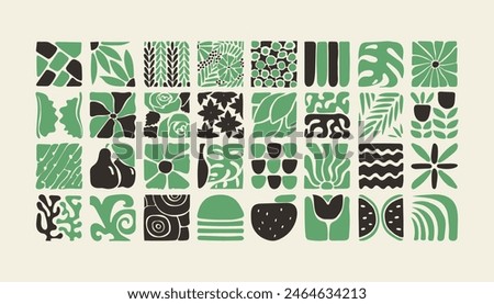 Bauhaus plants, natural monochrome pattern in tiles, decorative abstract art with flowers, leaves, fruits, vegetables, stones, banner, wallpaper