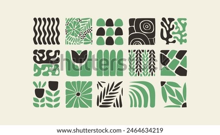 Bauhaus plants, natural monochrome pattern in tiles, decorative abstract art with flowers, leaves, fruits, vegetables, stones, banner, wallpaper