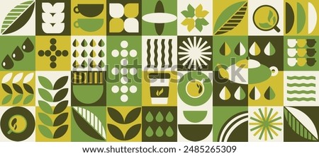 Pattern with tea theme. Geometric print, bannner with abstract shapes, cup, pot, tea leaves, water. Cover design, food package, menu, background, café wall, coffee shop, tea store